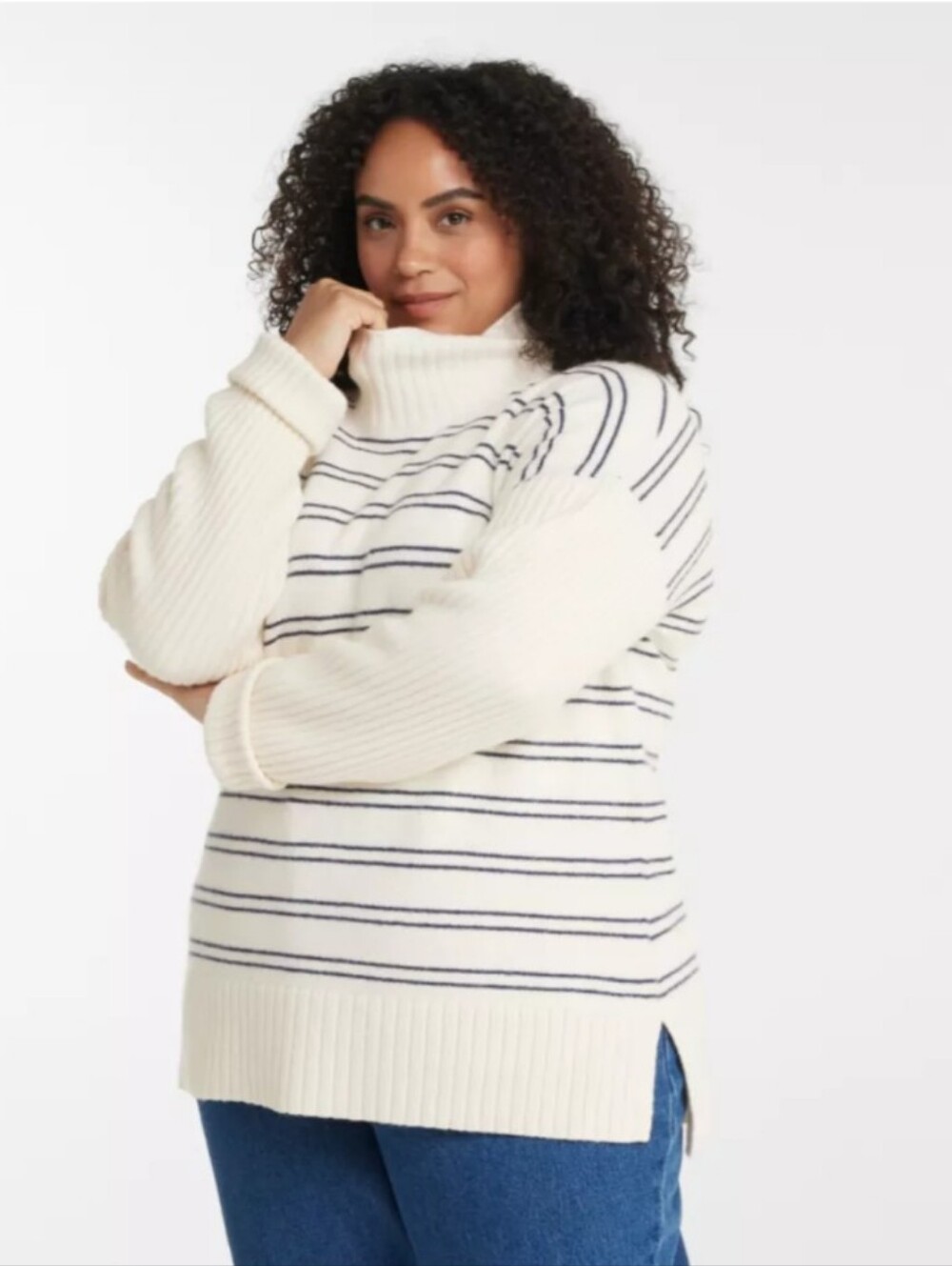 L.L.Bean Cream Navy Blue Striped Turtleneck Sweater Size 1X Side Slit